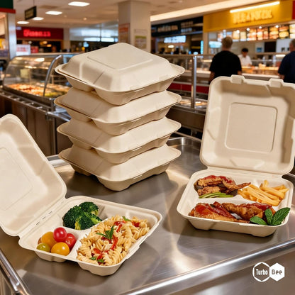 Turbo Bee 100 Pack 8x8inch White 3 Compartment Take Out Containers with Lids, Disposable Clamshell Meal Prep Containers, Divided Lunch Boxes for Catering, Restaurant & Meal Prep