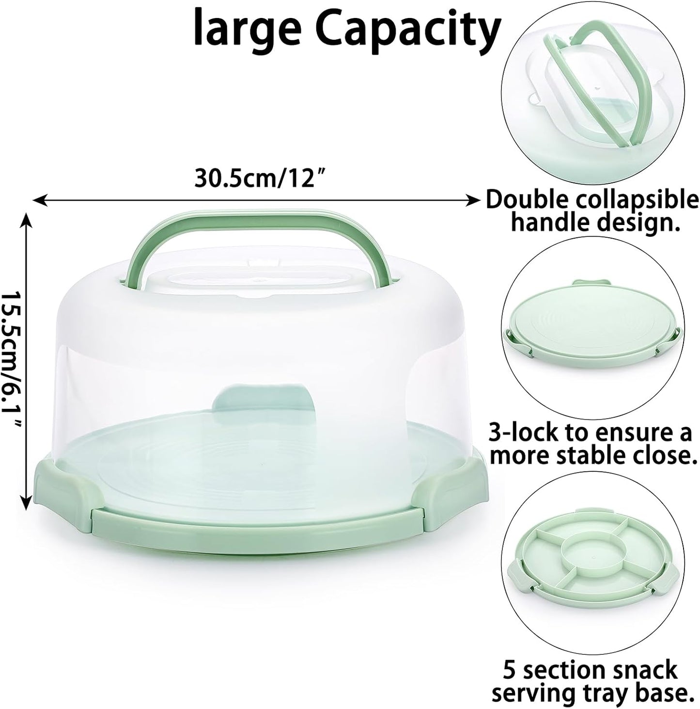 BSTKEY Portable Cake Carrier with Lid and Handle, Devil Egg Container + Cupcake Storage Tray for Transport, 10 Round Cake Container Holder with Two Sided Base for Pies Cookies Nuts Fruit, Green