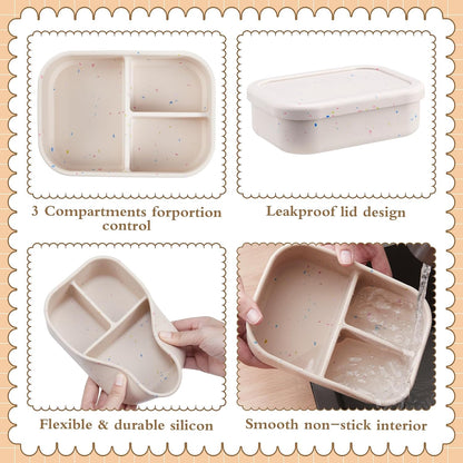 Honeydak 6 Pcs Silicone Bento Box Reusable Silicone Bento Lunch Container for Adults Microwave Dishwasher Freezer Safe 3 Compartment (Light Colors)