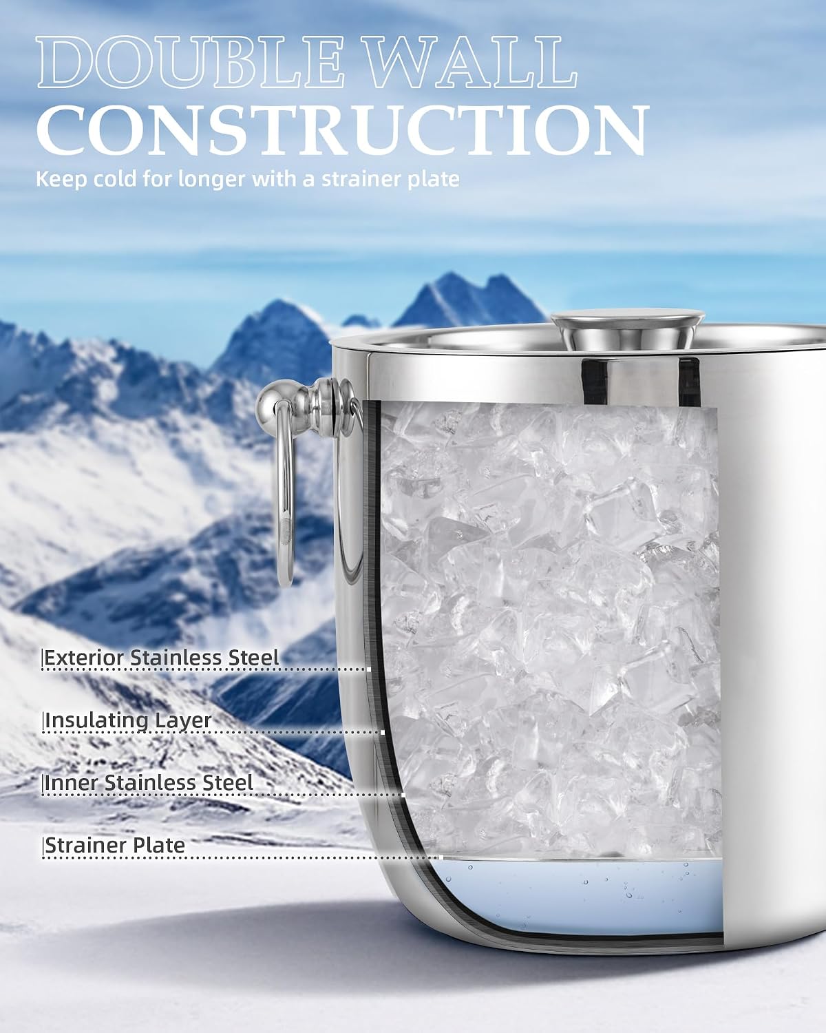 Insulated Ice Bucket, 3L Double Wall Stainless Steel Ice Bucket with Tongs,Lid, Scoop and Strainer, Ice Buckets for Parties,Cocktail Bars, Chilling Beer, Champagne, Wine Bottles