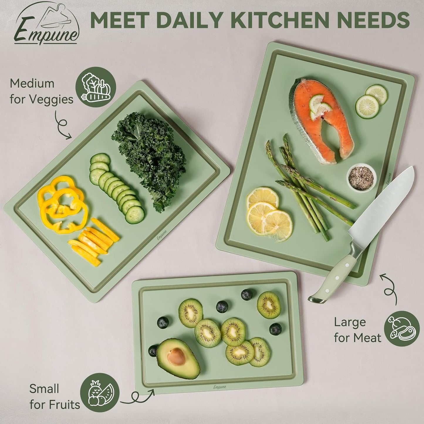Empune Plastic Cutting Board Set, Recycled Plastic Cutting Boards for Kitchen (Set of 3), Dishwasher Safe Large Chopping Board with Holder, Non-slip Feet and Juice Grooves, Nonporous, Grey