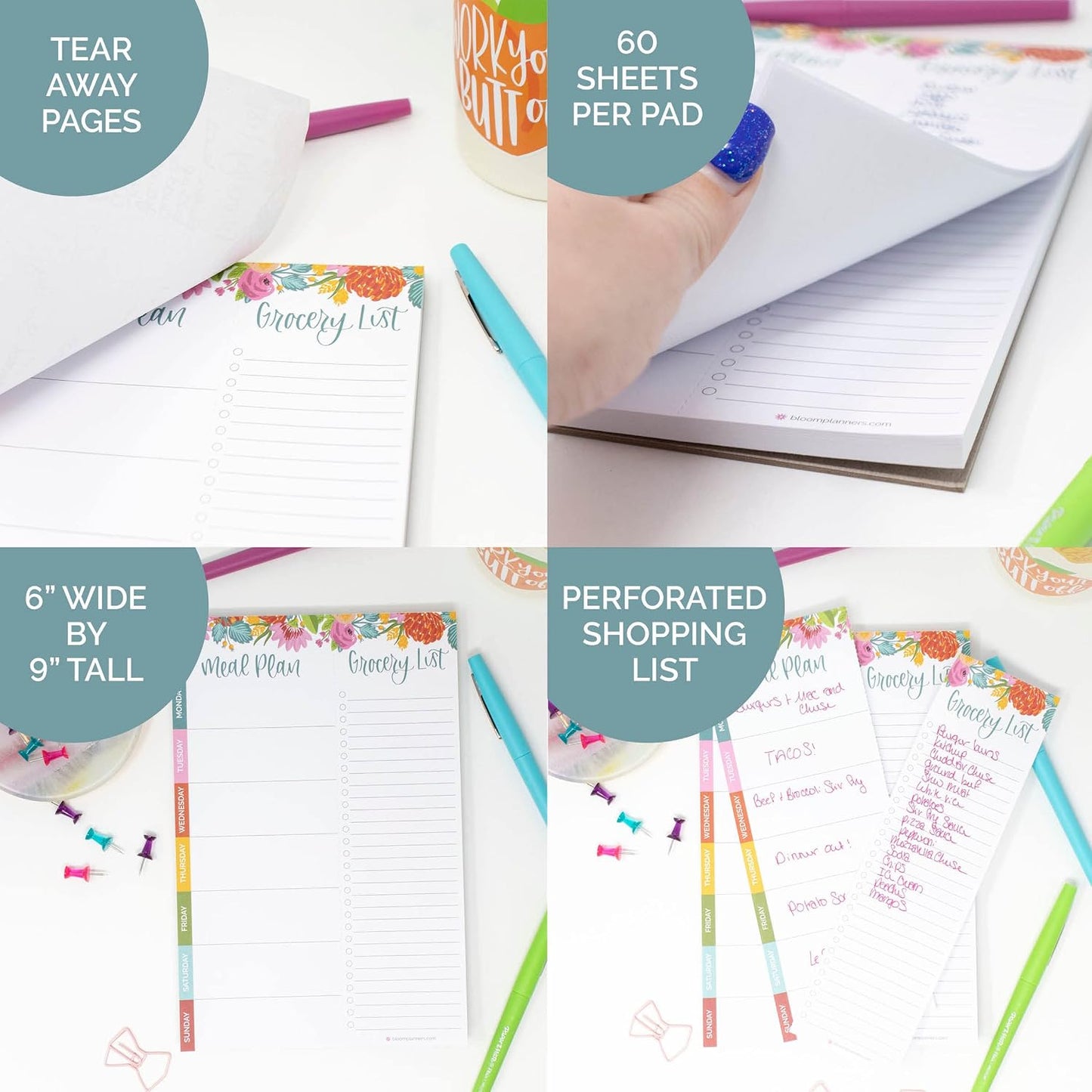 bloom daily planners Weekly Meal Planning Pad - Magnetic Hanging Refrigerator Menu Planner with Tear-Off Sheets & Perforated Grocery Shopping Lists - 6” x 9” (Grey & Pink)
