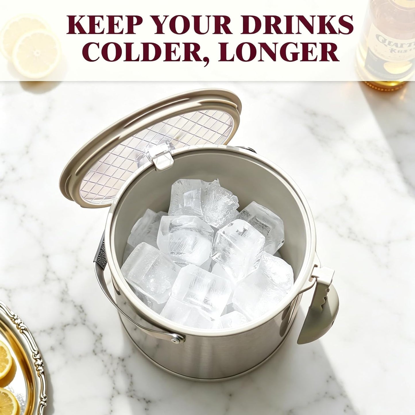 6.8L/7QT Insulated Ice Bucket with Lid & Scoop,Double-Wall Ice Bucket for Parties,Cocktail Bar(White)