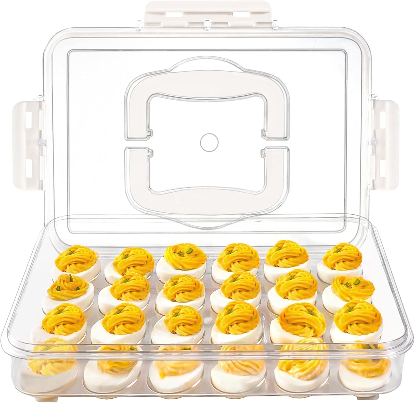 MesRosa 2 Pack Deviled Egg Containers with Lid and Handle, Durable Clear Plastic Deviled Egg Carrier Storage 48 Eggs, Stackable Egg Holder for Fridge, Portable Tray Platter for Party & Picnics-White