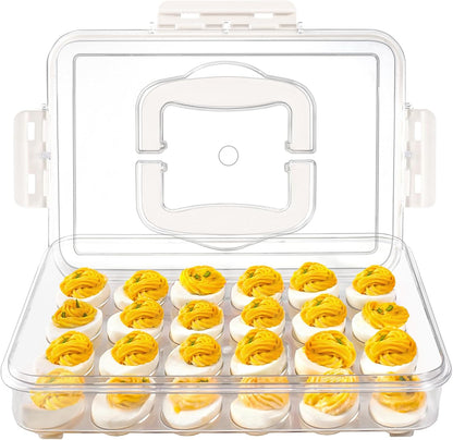 MesRosa 2 Pack Deviled Egg Containers with Lid and Handle, Durable Clear Plastic Deviled Egg Carrier Storage 48 Eggs, Stackable Egg Holder for Fridge, Portable Tray Platter for Party & Picnics-White