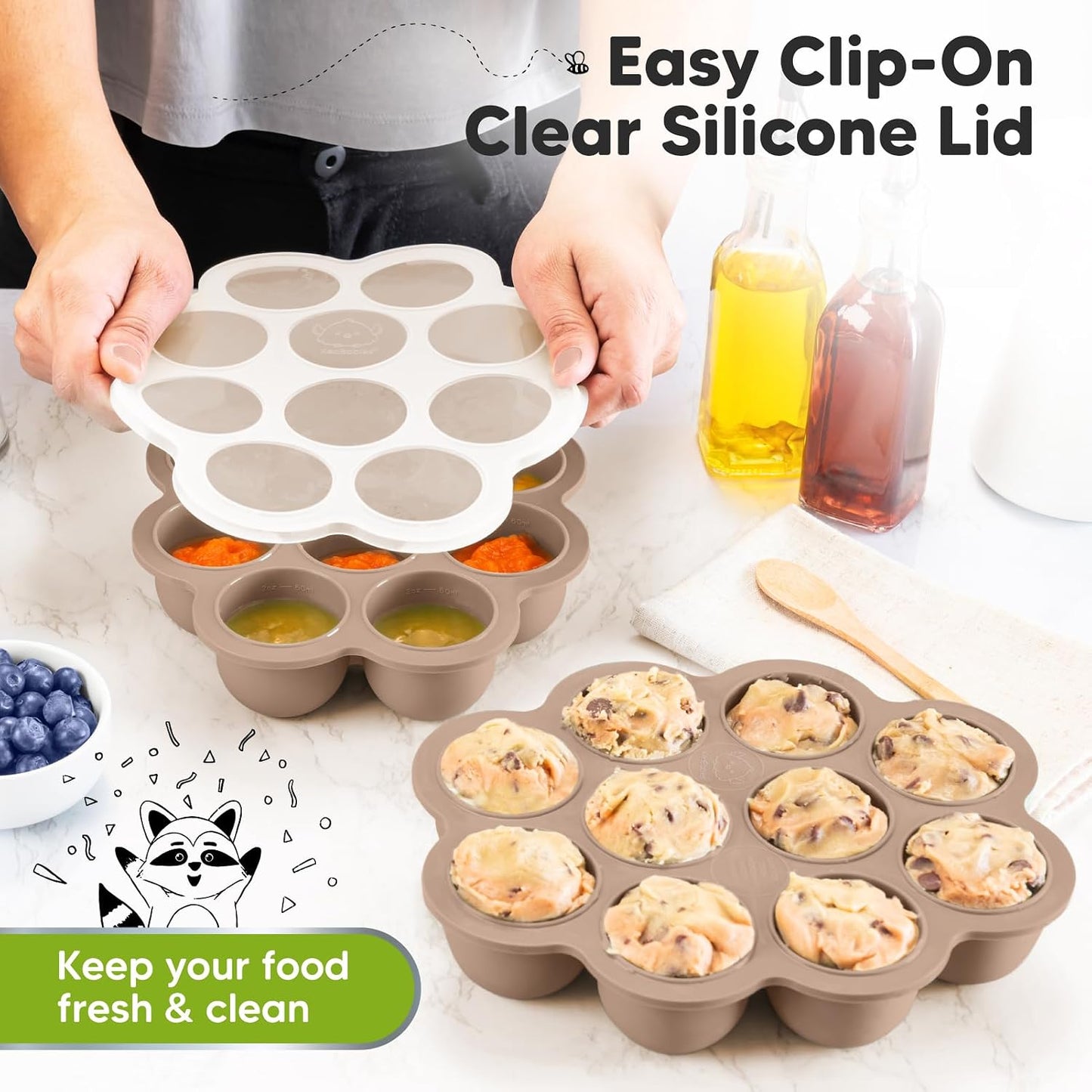 KeaBabies Silicone Food Freezer Trays with Lid, 2oz x 10 Pods Baby Food Storage Containers, Easy Puree Meal Prep, Breast Milk Silicone Freezer Molds, Dishwasher, Microwave Safe, BPA-Free (Slate)