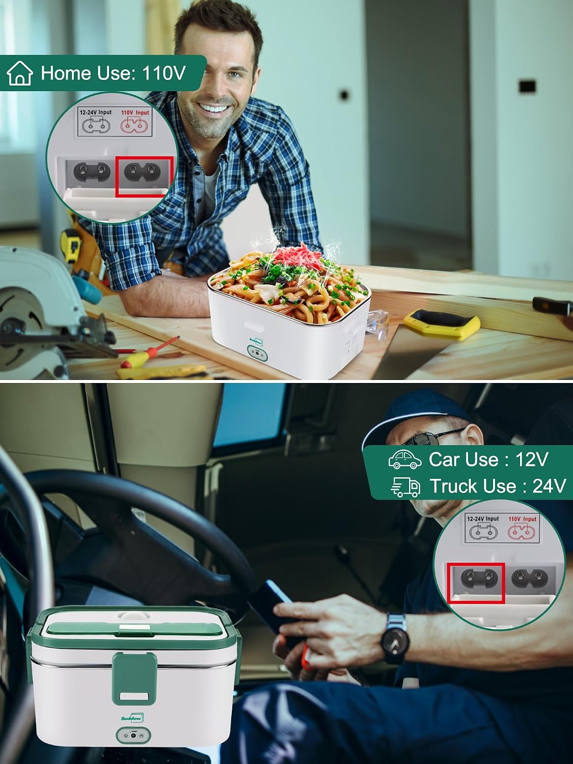 Buddew Electric Lunch Box for Adults, 80W Heated Lunch Box 1.8L Stainless Steel Portable Food Warmer,12/24/110V Lonchera Electrica Portatil for Travel & Work, Loncheras para Hombres de Trabajo