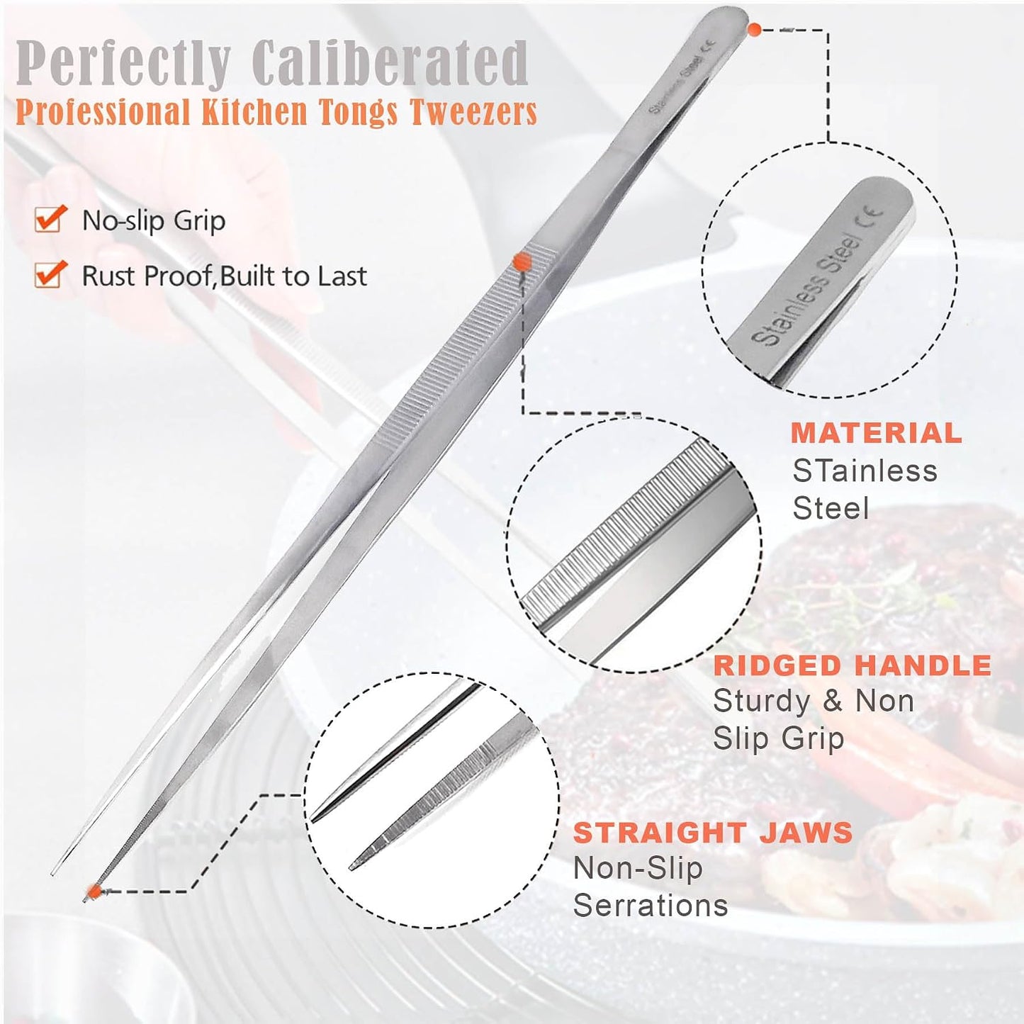 A2Z Cooking Tweezer Straight and Curved Tong Set, Tongs Precision Serrated Tips, Stainless Steel Professional Chef Tweezer Kitchen Tools for BBQ, Plating and Serving (Set of 2-10")