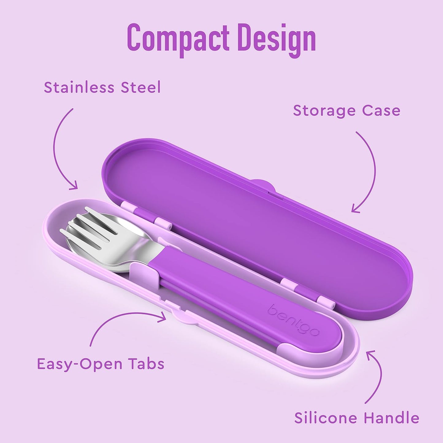 Bentgo Kids Stainless Steel Utensil Set - Reusable Fork, Spoon & Storage Case, PFAS- & BPA-Free, Easy-Grip Handles, Lightweight, Dishwasher Safe, School Lunch, Travel & Outdoors (Dinosaur)