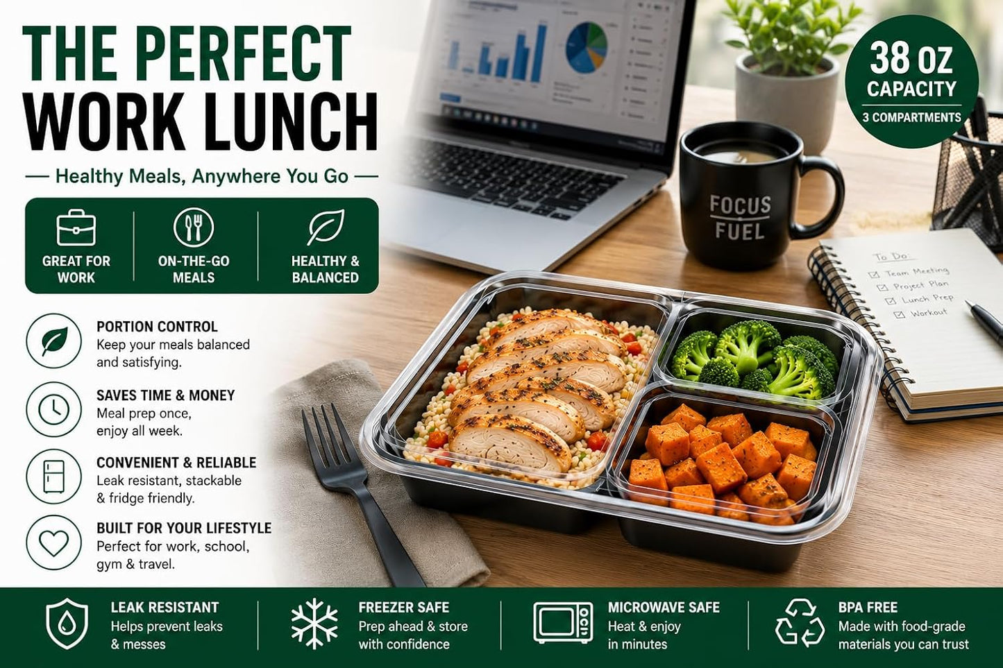 3 Compartment Food Containers with Lids, 25 Pack, 38 Oz Take Out Containers, Reusable Meal Prep Containers, Microwave Safe Lunch Boxes, Food Storage Containers for Catering, Restaurant & To Go Meals