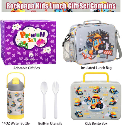 rockpapa Kids Lunch Box Set with 14oz Insulated Water Bottle & Lunch Bag, Leakproof 5.5 Cups Bento Box for School & Children, BPA-Free, Microwave Safe for Boys Girls (Grey Constr Turcks)