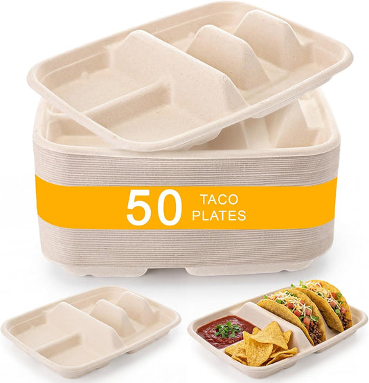 50 Pack Disposable Taco Plates for 2 Tacos & 2 Sides Fiesta Tacos Stand Holder Paper Plates with Dividers for Taco Bar Serving Party Supplies
