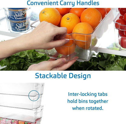 Hearth & Harbor 28 Piece Fridge Organizer Bins - Set of 16 Clear Bins with 8 Shelf Liners, 2 White Boards and 2 Markers - Stackable Containers With Handles