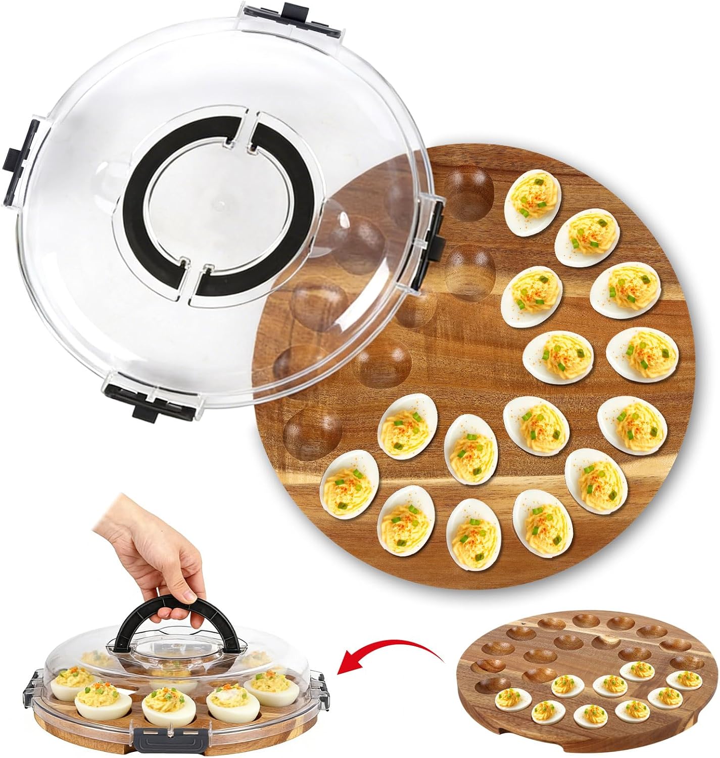 Deviled Egg Containers with Lid, Deviled Egg Platter Tray Carrier Plate Holder with 24 Slots, Acacia Wood Egg Dish for Easter Gift Party Holiday Kitchen Home