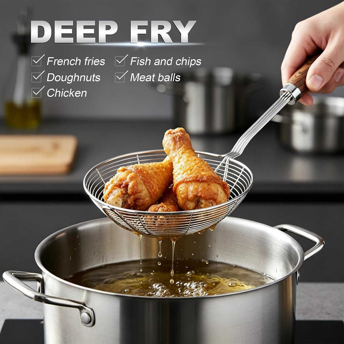 IQCWOOD Spider Strainer with Wood Handle - 5.5 Inch Fryer Scoop