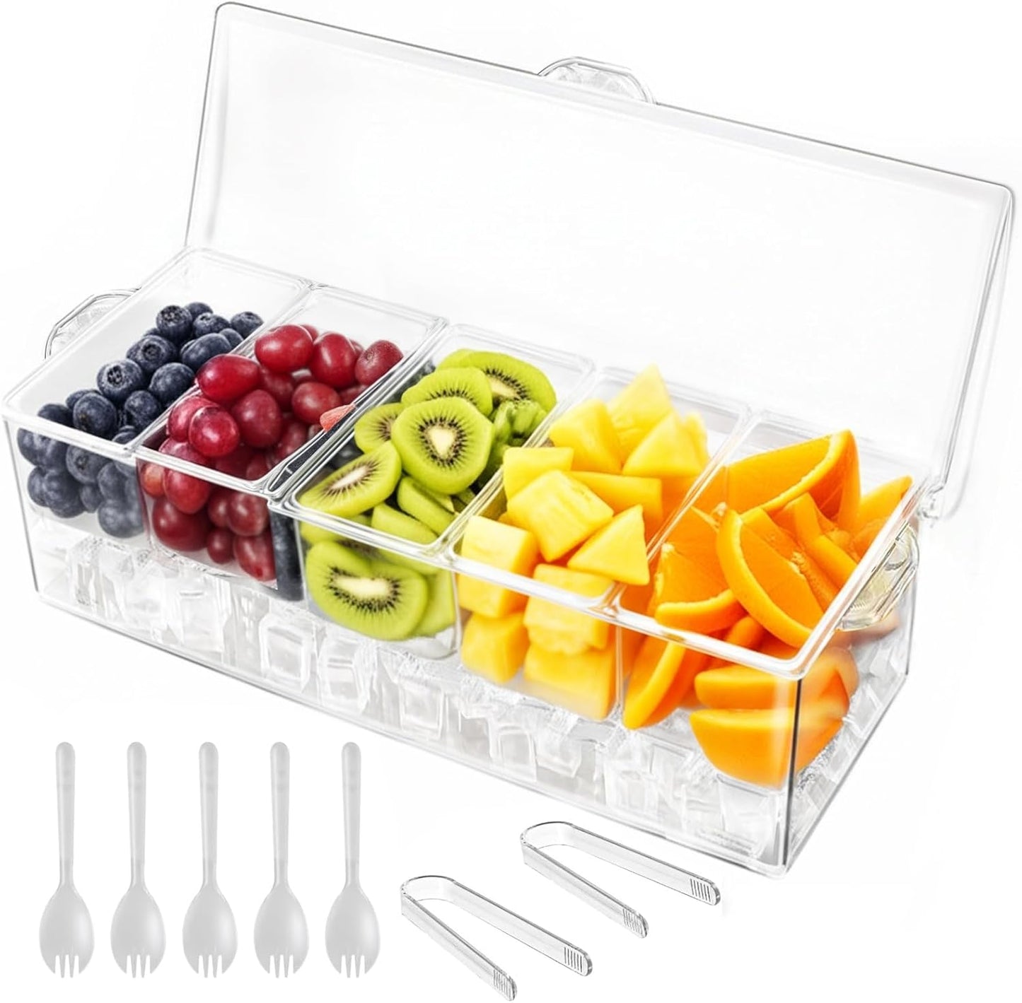Ice Chilled Condiment Caddy with Lid – 5 Removable Compartments, Utensils Included – Buffet Server for BBQ, Taco Bar & Parties