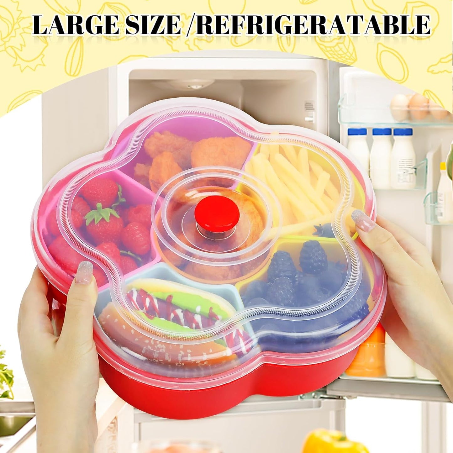 Divided Snack Serving Tray with Lid, Reusable Veggie Tray Snackle Box Container, Colored Flower Shaped Fruit Trays Large, Candy and Nut Snack Tray Appetizer Platter for Party, Travel