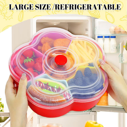 Divided Snack Serving Tray with Lid, Reusable Veggie Tray Snackle Box Container, Colored Flower Shaped Fruit Trays Large, Candy and Nut Snack Tray Appetizer Platter for Party, Travel