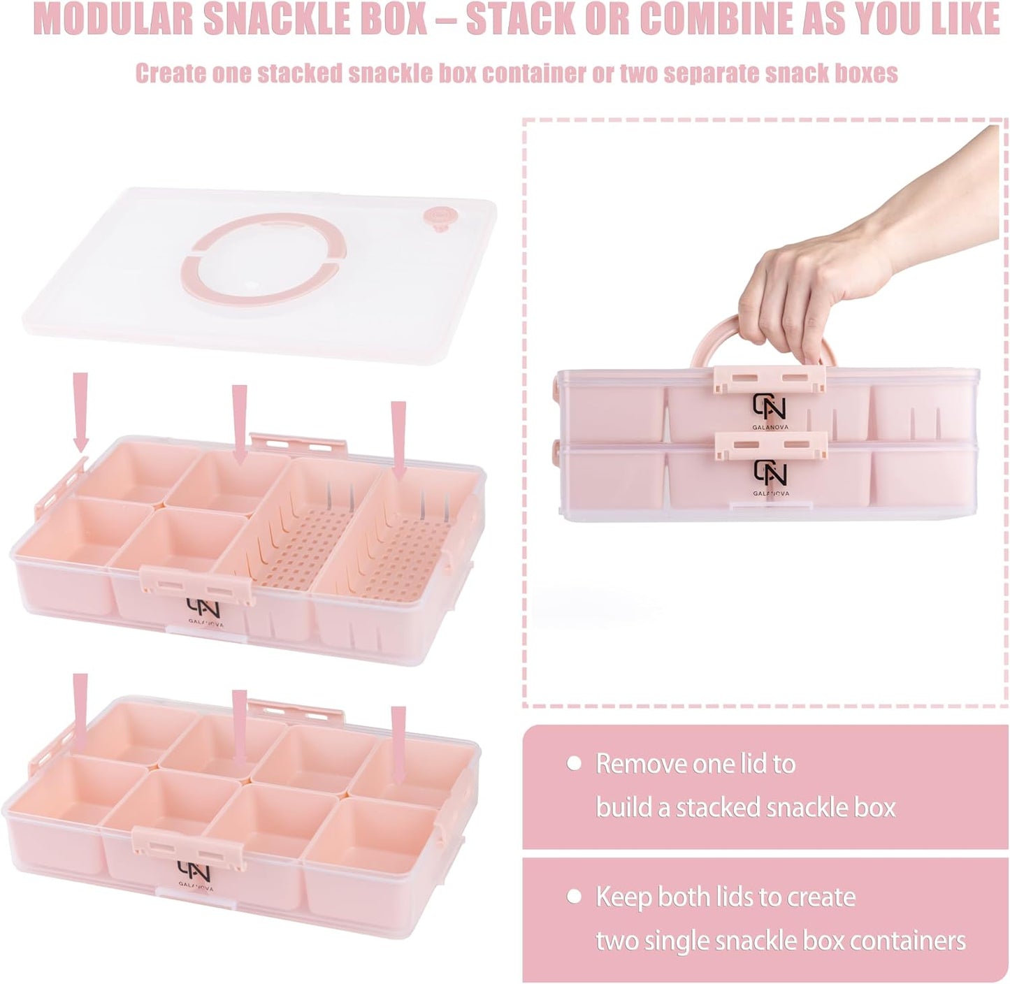 Snackle Box Container - 10 Compartments Including 2 XL, Dishwasher & Microwave Safe, Divided Serving Tray with Lid and Handle, BPA-Free, snack box (1 PCS, White, 1 Box with 2 XL Compartments)