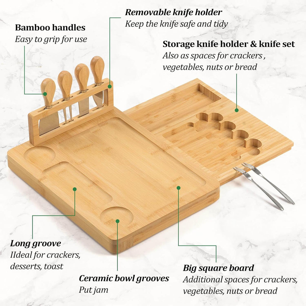 Bamboo Charcuterie Board Set with 4 Cheese Knives, Serving Platter