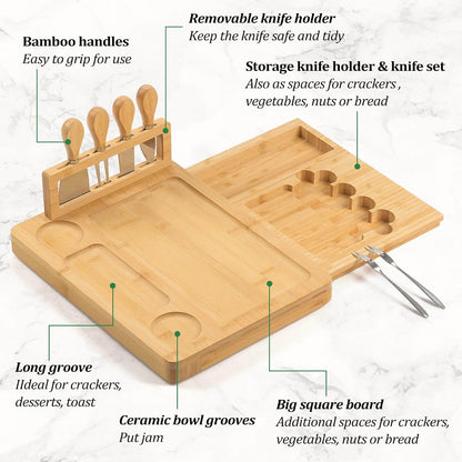 Bamboo Charcuterie Board Set with 4 Cheese Knives, Serving Platter