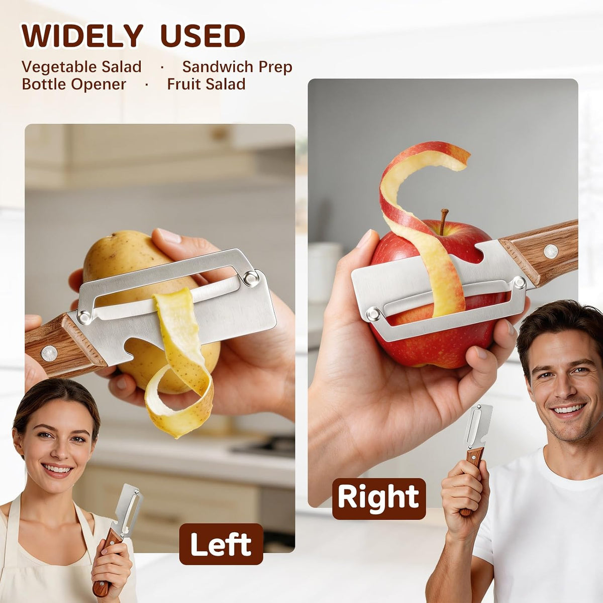 Left & Right Hand Vegetable Peeler Set with Scallion Slicer & Bottle Opener, Thickened Stainless Steel Wide Blade for Smooth Peeling, Wooden Handle Kitchen Peeler for Fruits & Vegetables