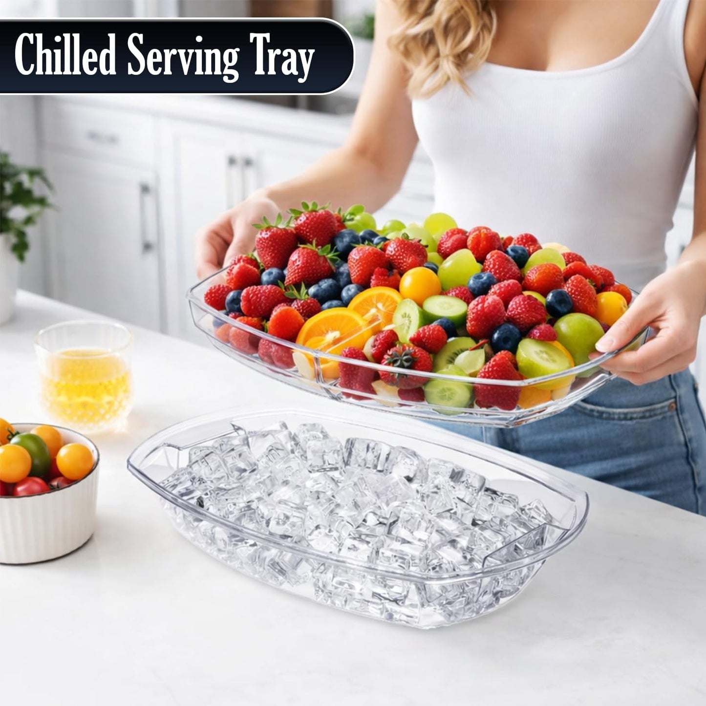 Chilled Serving Tray with Lid, 15” Large Fruit & Vegetable Platter Tray with Ice Compartment, Party Serving Platter with 6 Forks & 3 Tongs, Cold Food Serving Tray for Parties