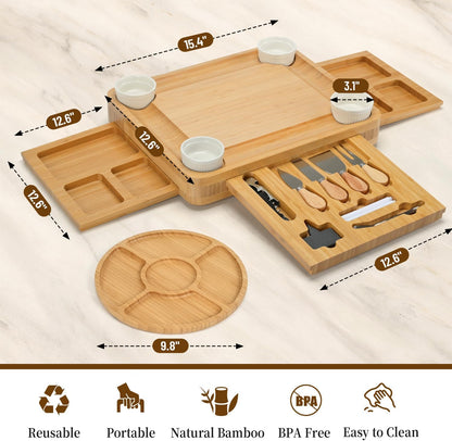 CAWIU Charcuterie Board with Lid – Large Bamboo Cheese Board Set with Utensils & Drawers – Housewarming, Wedding Gifts for Couples, Serving Tray with Cover (Cream)
