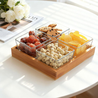 Snackle Box Container Chip and Dip Bowls With Serving Tray, 3 Glass Square Sauce Cups Dip Bowls, Small Fruit Platter Side Dishes for Party Entertaining Appetizer Dessert Salsa Side Dishes(THREE)