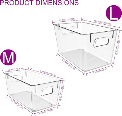 4 Pack Clear Plastic Storage Bins with Handles, Pantry Organizers & Storage Containers, Cabinet Organizer, Home Organization Must Haves for Kitchen, Laundry Room, Office, Closet, Garage & Freezer,L