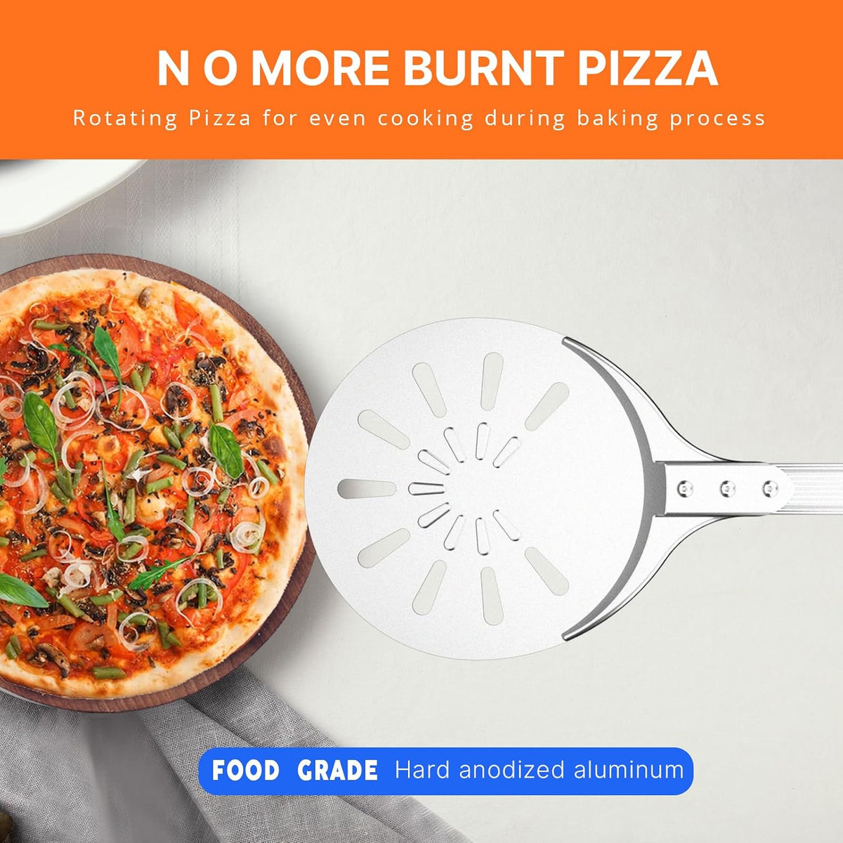 Pizza Turning Peel, 8-inch Pizza Peel Turner Spinner with Non-Slip Long Handle & Silicone Hanging Hook, Essential Pizza Oven Accessories for Outdoor & Indoor Baking, Even Crispy Crust Every Time