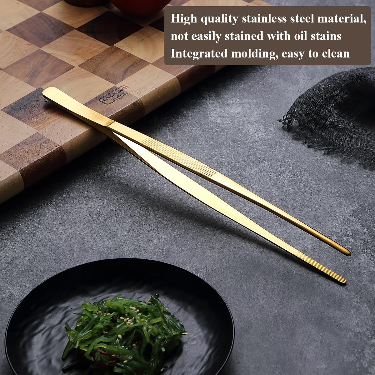 Berglander Kitchen Tweezers Tongs 2pcs, 12" Extra-Long Titanium Gold Plating Stainless Steel Metal Heavy Duty Cooking Tweezers for Chef, Serving Food, Grill, Culinary, Pasta, Salad, BBQ