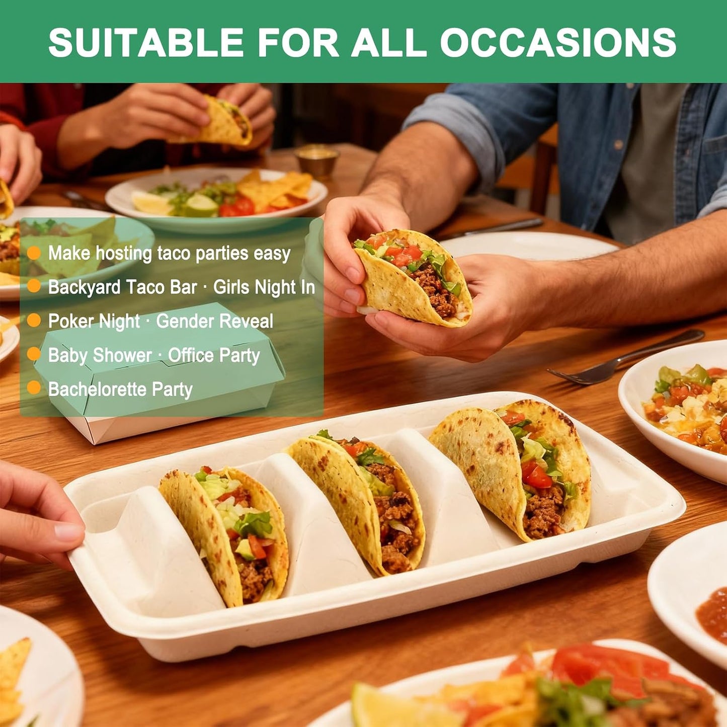 25 Pcs Disposable Taco Holders For Party, Premium Paper Taco Plates With 3 Dividers, Taco Gifts For Christmas, Oven & Dishwasher & Grill Safe, Taco Bar Serving Set For A Party