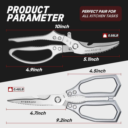 TIVOLI Kitchen Scissors Set Silver,Japanese Stainless Steel Kitchen Shears for Food, Heavy Duty Poultry Shears, Food Scissors for Meat,Chicken Bones and Turkey,Ideal Gift