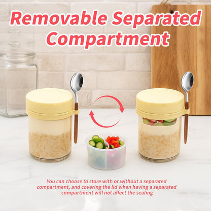 6 Packs Overnight Oats Containers with Lids, 16 Oz Glass Mason Jars with Spoons and Removable Separate Compartments Large Airtight Overnight Oats Jars for Milk Yogurt Fruit Salad