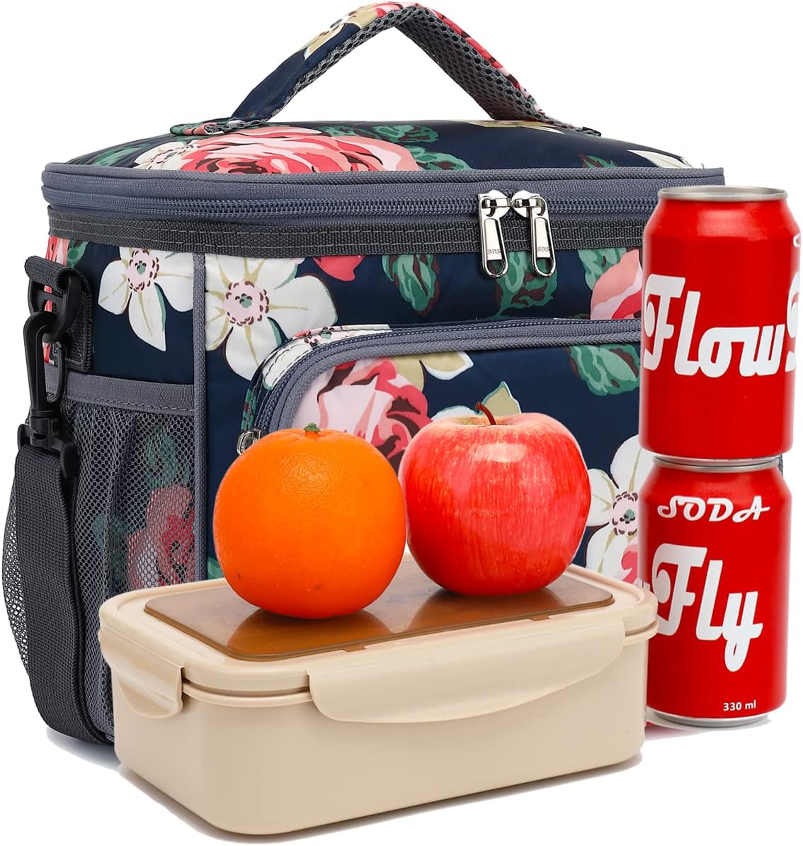 FlowFly Insulated Reusable Lunch Bag Adult Large Lunch Box for Women and Men with Adjustable Shoulder Strap,Front Zipper Pocket and Dual Large Mesh Side Pockets,Cherry - Colors B