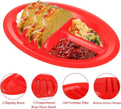 Acrux7 12 Pack Plastic Taco Plates with Dividers, Large Taco Holder Plates, Colorful Taco Trays Microwave & Dishwasher Safe, Hold 3 Tacos, 2 Dipping Areas, Taco Plate for Taco Tuesday Taco Night Party
