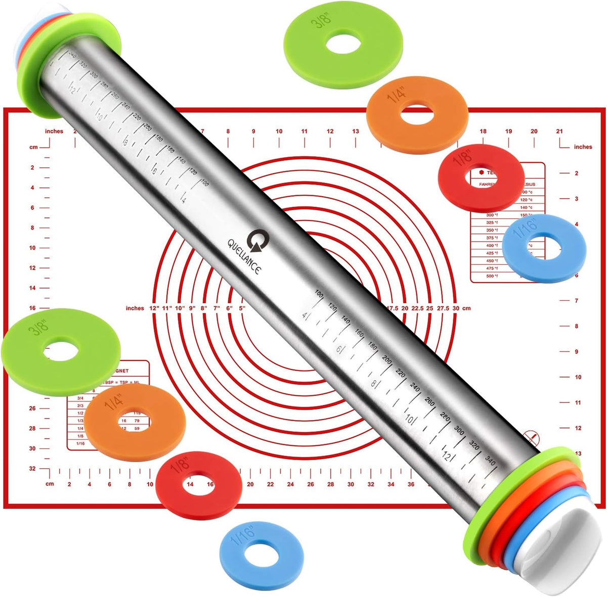 Stainless Steel Rolling Pin & Baking Mat Set with Adjustable Thickness Ring