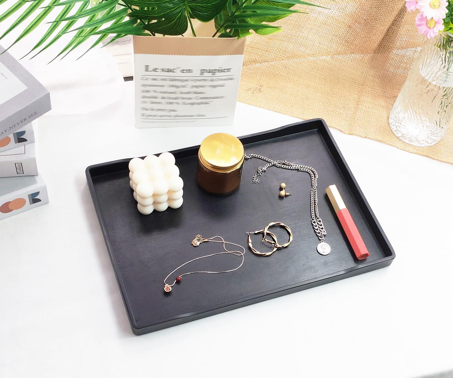 White Serving Tray (13.5 x 9.6 inch) for Serving Accessory, Elegant & Stackable Plastic Tray for Spa, Coffee, Drinks, Tea, Bar, Party, Seasoning, Perfume and Display Use.
