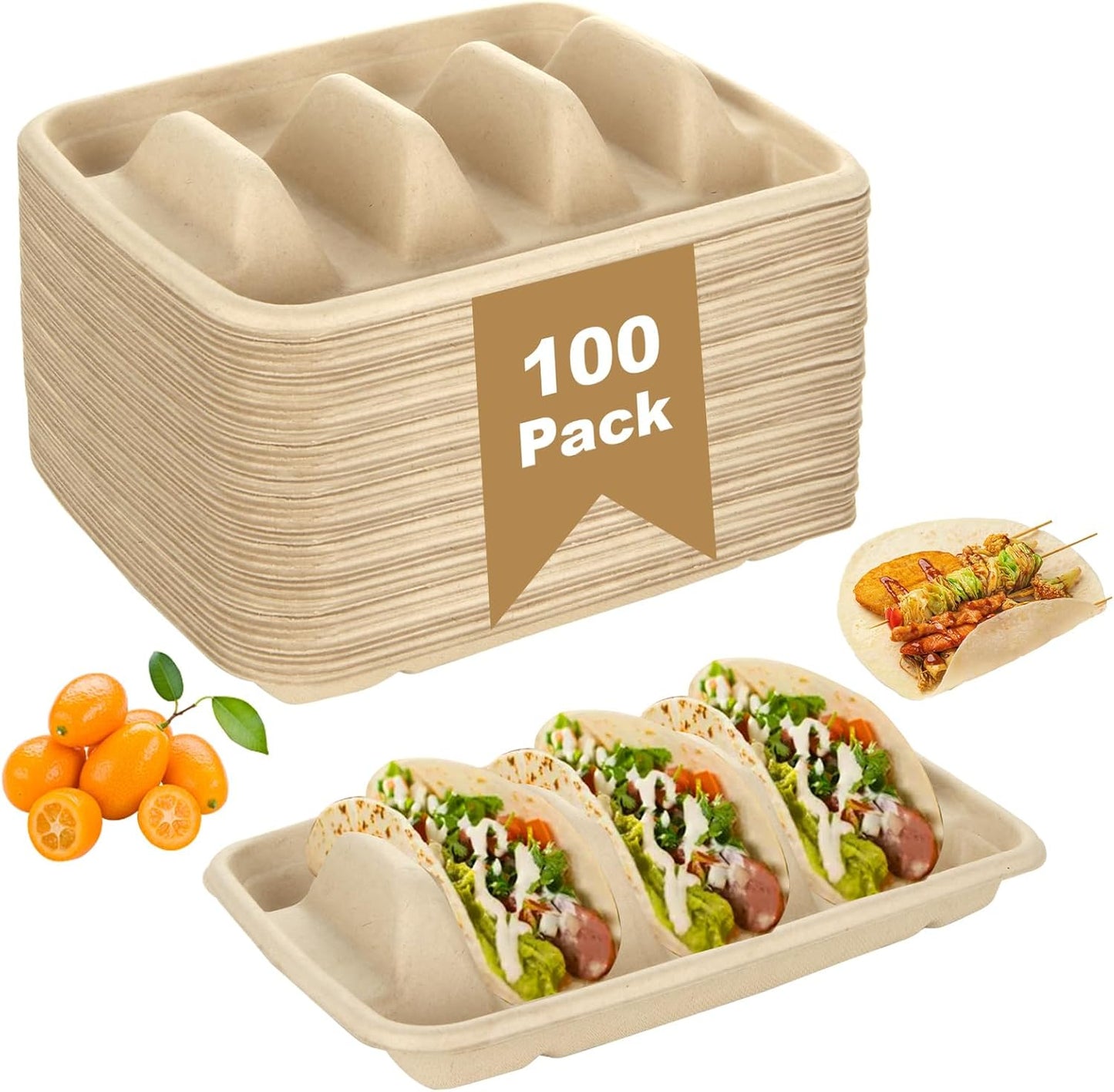 CertBuy 100 Pack Disposable Taco Holders for Party, Premium Disposable Taco Plates with Divider, Paper Taco Holder Plates Trays for 3 Tacos, Taco Tuesday, Taco Bar Serving Set for a Party