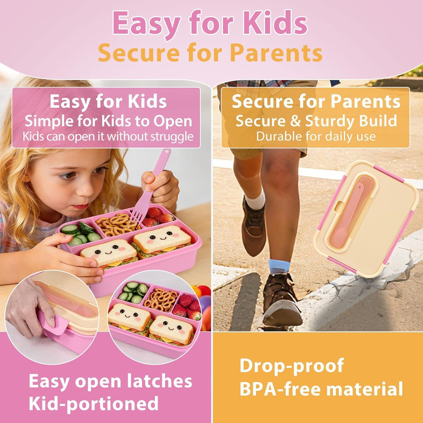 Caperci Bento Box for Kids - 50oz Larger Lunch Box Containers for Kids, Reinforced Leakproof, Built-in Sauce Cup, Utensils, 4 Compartments, BPA-Free Microwave & Dishwasher Safe (Lavender Pop)