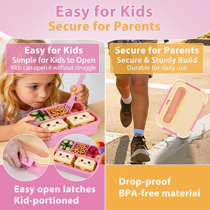 Caperci Bento Box for Kids - 50oz Larger Lunch Box Containers for Kids, Reinforced Leakproof, Built-in Sauce Cup, Utensils, 4 Compartments, BPA-Free Microwave & Dishwasher Safe (Lavender Pop)