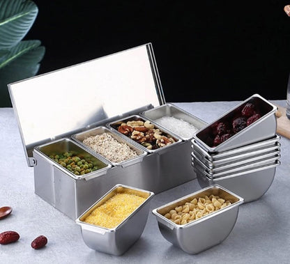 TrueCraftware- 5 Compartment Stainless Steel Condiment Bar (Open Bottom)- Condiment Dispenser Serving Container Garnish Tray Bar Caddy Condiment Server Caddy Garnish Holder for Home Work Restaurant
