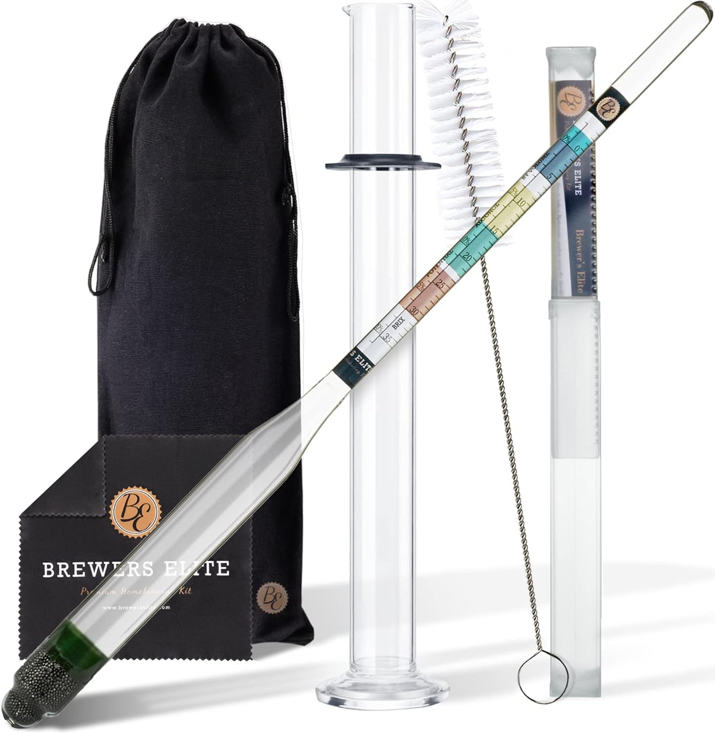Brewer's Elite Hydrometer for Home Brew Beer, Wine, Mead and Kombucha - Deluxe Triple Scale Set with Hardcase and Cloth - Specific Gravity ABV Tester