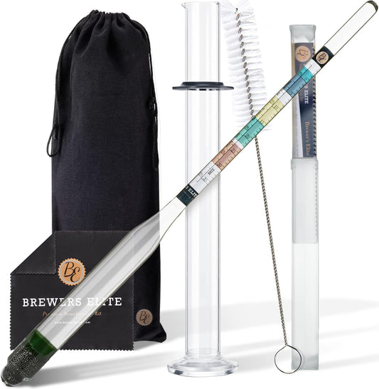 Brewer's Elite Hydrometer for Home Brew Beer, Wine, Mead and Kombucha - Deluxe Triple Scale Set with Hardcase and Cloth - Specific Gravity ABV Tester