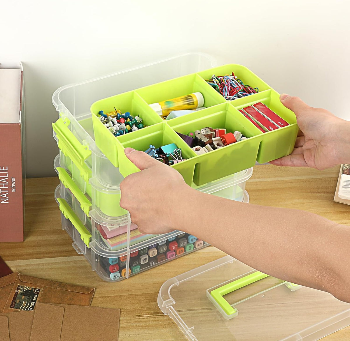 JUXYES 4-Tiers Plastic Stack Carry Storage Containers Box wih Handle Lids | Clear Stackable Latching Storage Bin With 2 Tray for School Office, Organizing Sewing, Art Craft, DIY Supplies, Blue