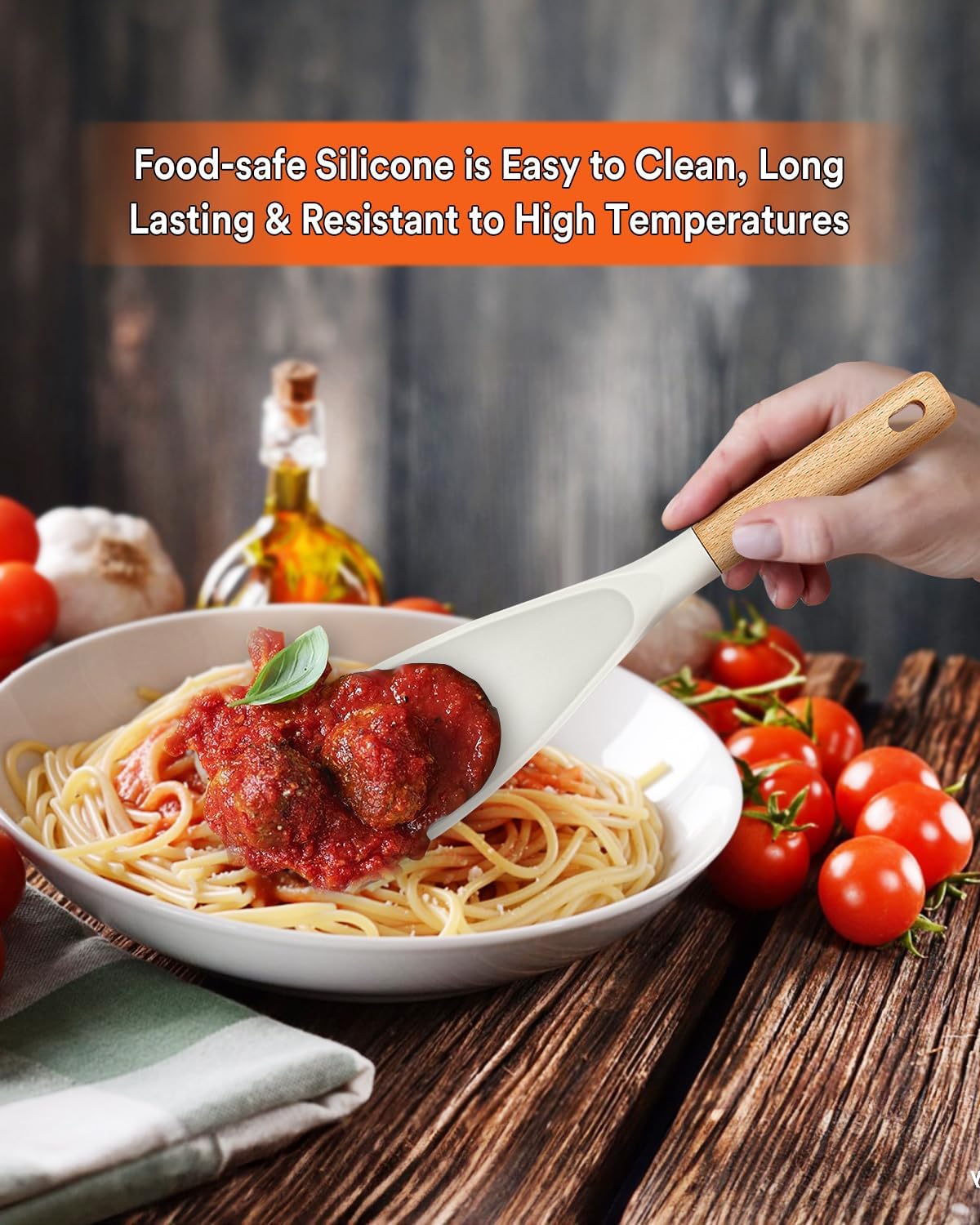 Cooking Spoon for Nonstick Cookwares, Great for Cooking and Serving Sturdy BPA-Free Matte Silicone, Wood Handle Spoon for Mixing, Scoop, and Scrape (Black & Grey, 11.4 inch)