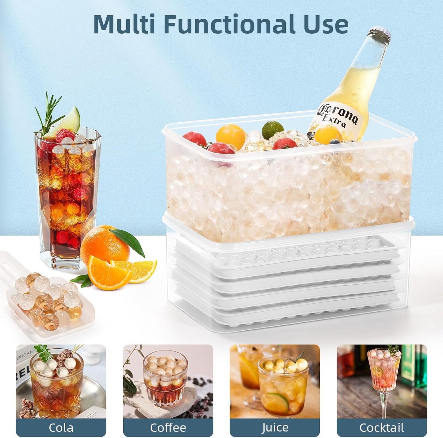 WIBIMEN Mini Ice Cube Trays, 0.55” Tiny Pebble Ice for Iced Coffee & Cocktails, Fast Chill, Easy Twist Release, Stackable with Lid & Storage Bin (2 Pack, Blue)