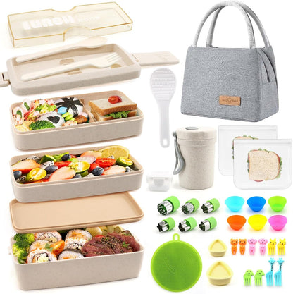 Bento Box Japanese Lunch Box Kit Leakproof Bento Lunch Box for Kids Adults Wheat Straw 3 Layer Stackable Lunch Containers with Compartment Eco-Friendly Meal Prep Containers (Beige)