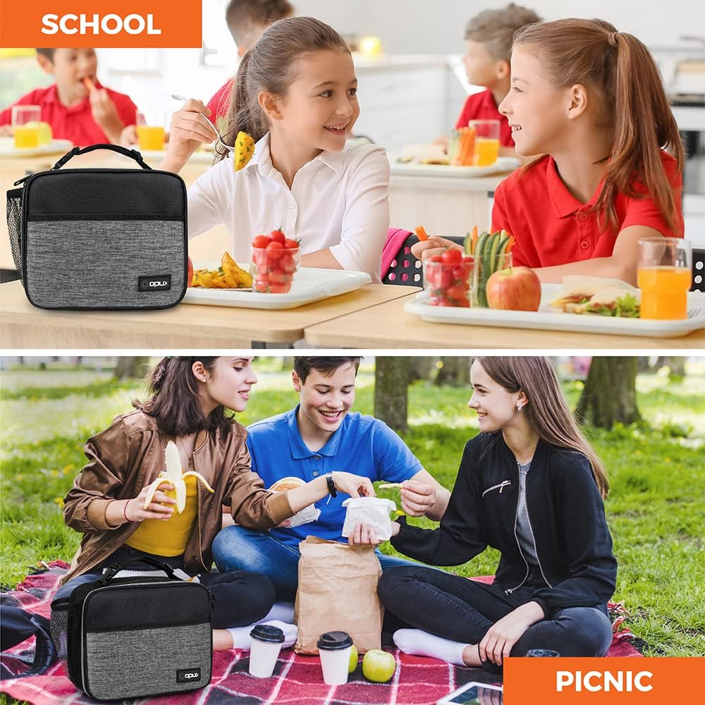 opux Insulated Lunch Bag Kids, Lunch Box for School Boy Girl, Leakproof Small Reusable Compact Soft Mini Cooler Bag, Toddler Small Lunch Boxes Kit Pail with Front Side Pockets (Purple)